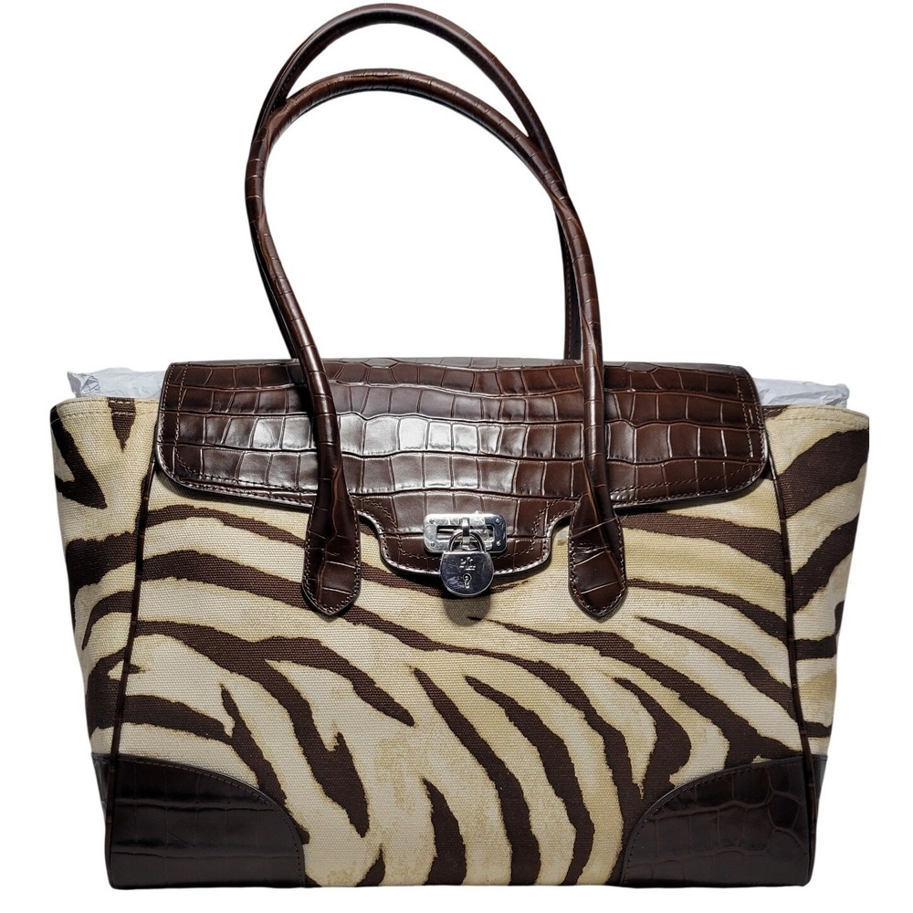 Lauren Ralph Lauren Zebra Canvas Croc Embossed Leather Satchel Bag 431969469001